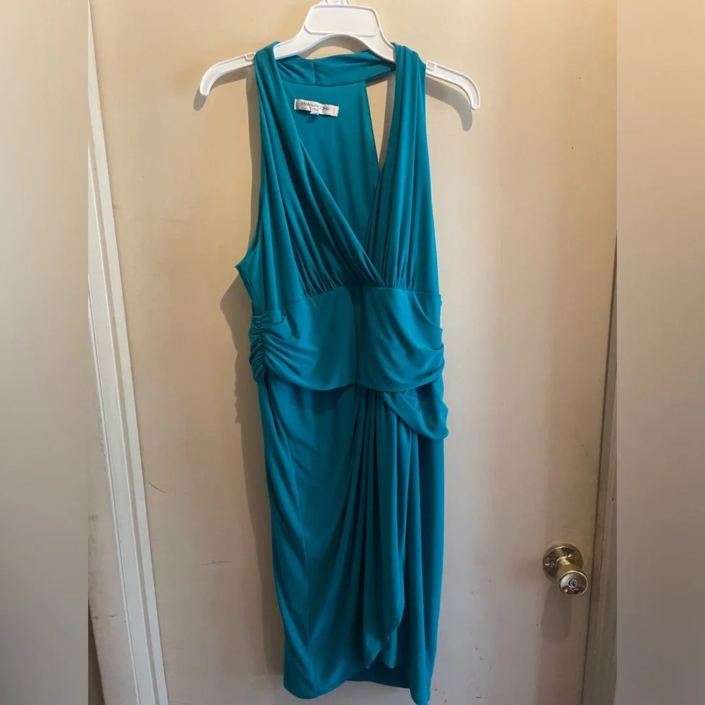 Evan Picone Sz 16 sleeveless blue/green dress criss cross neckline ruched waist - Picture 4 of 6